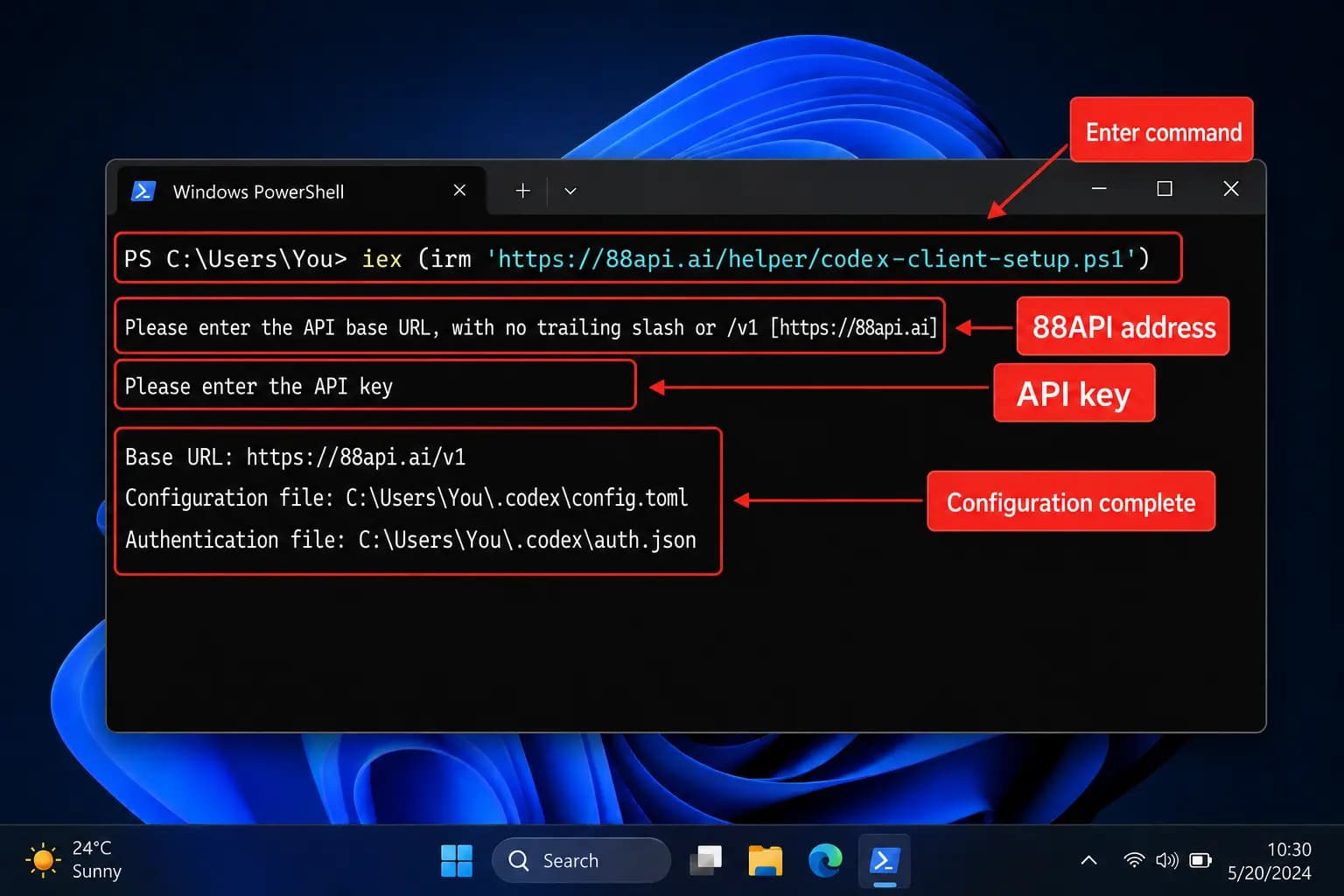 Configure Codex client in Windows PowerShell