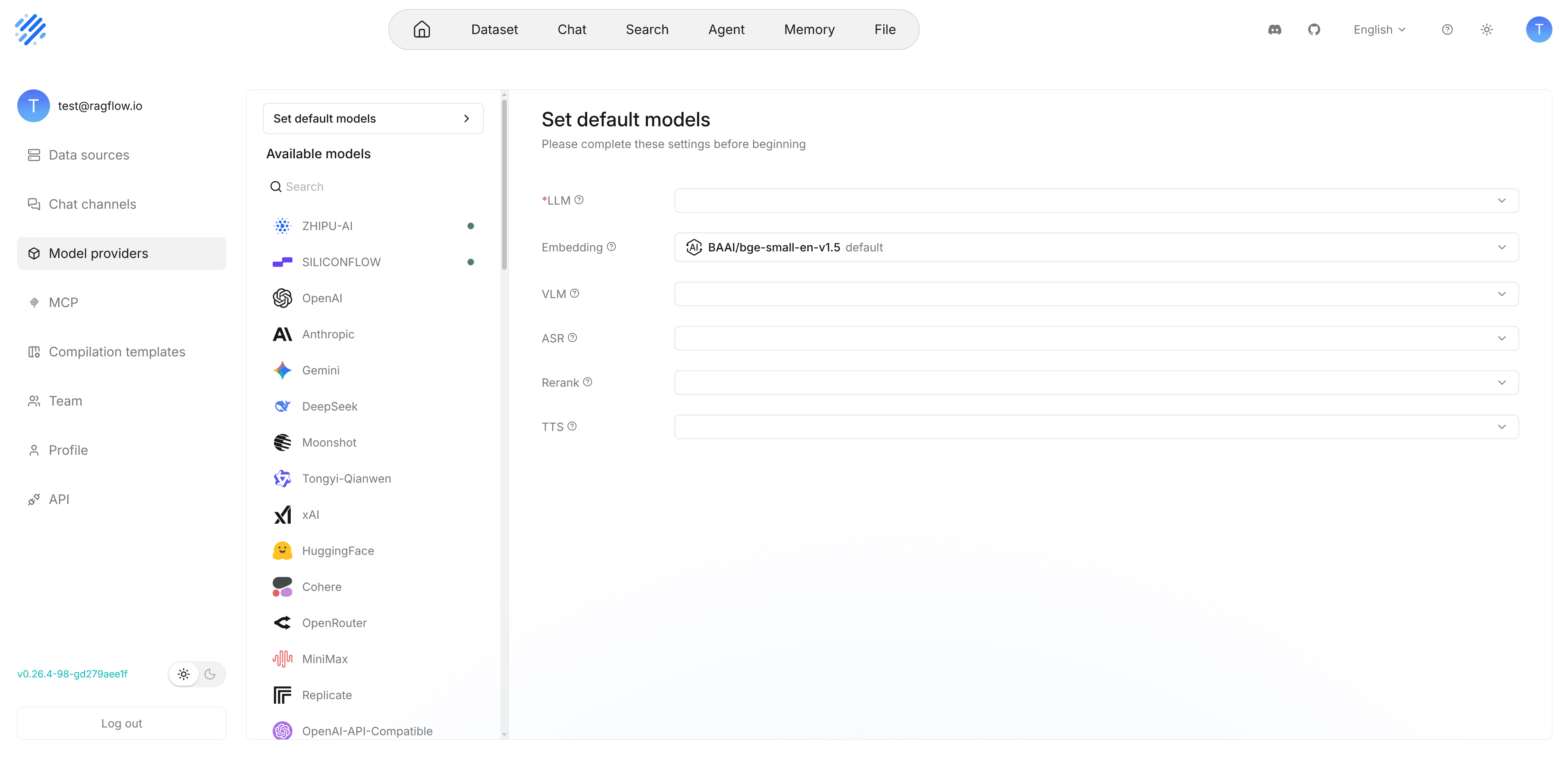 RAGFlow 官方 Set default models 页面