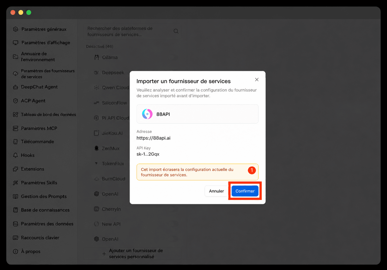 Confirmer la configuration DeepChat