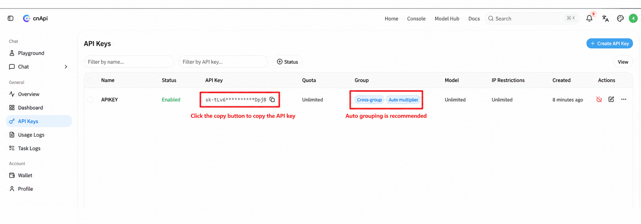 Copy API Key in the cnAPI console