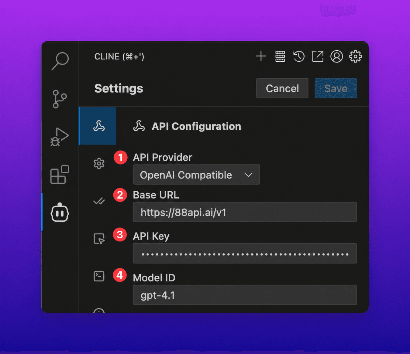 在 Cline 的 OpenAI Compatible 设置中填写 cnAPI 地址、密钥和模型