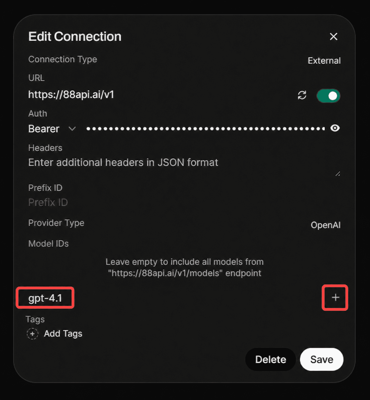 在 Open WebUI 中填写 cnAPI URL、API Key 和模型 ID